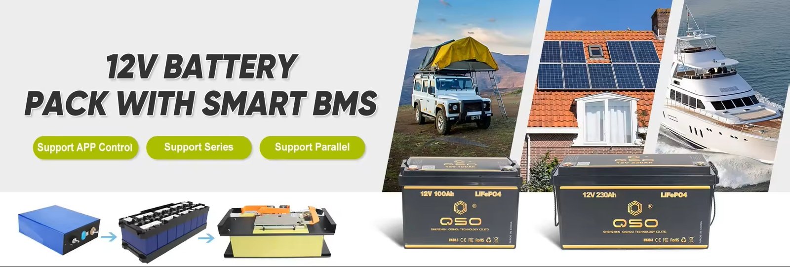 12V LiFePO4 battery pack with smart BMS, APP control, series and parallel support