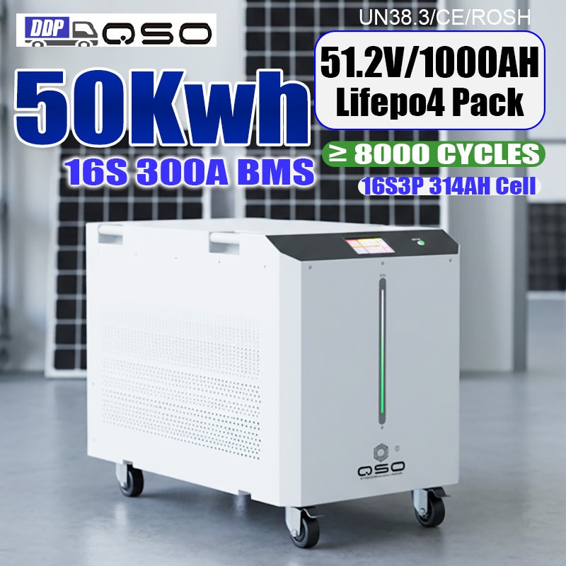 QSO 51.2V 50Kwh 1000Ah Batterie 100Kwh 100KW 100 80 48 50 Kwh KW Solar Home Energiespeicher 48V LiFePO4 Lithium Batterie Pack