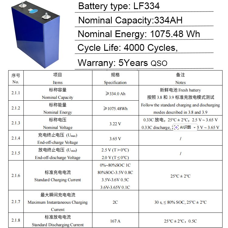 QSO 3.2V 334Ah LiFePO4 Cell LF334 Evemb31 345Ah Corrente di scarica massima 3C Batteria al litio ferro fosfato domestica per camper/ESS/scatola fai da te - image 3