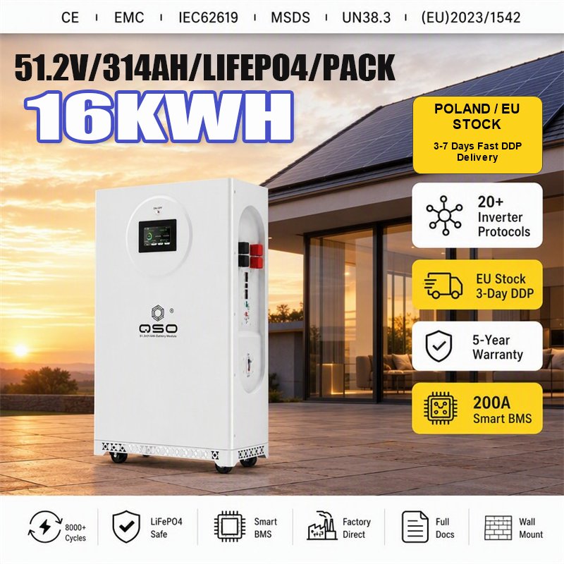 Eu Stock 16KWh Lifepo4 Battery Pack 51.2V 300Ah 314Ah 15 Kwh 15KW 15kwh 17.5Kw Lithium Ion Batteria Accumulo Fotovoltaico 16Kw