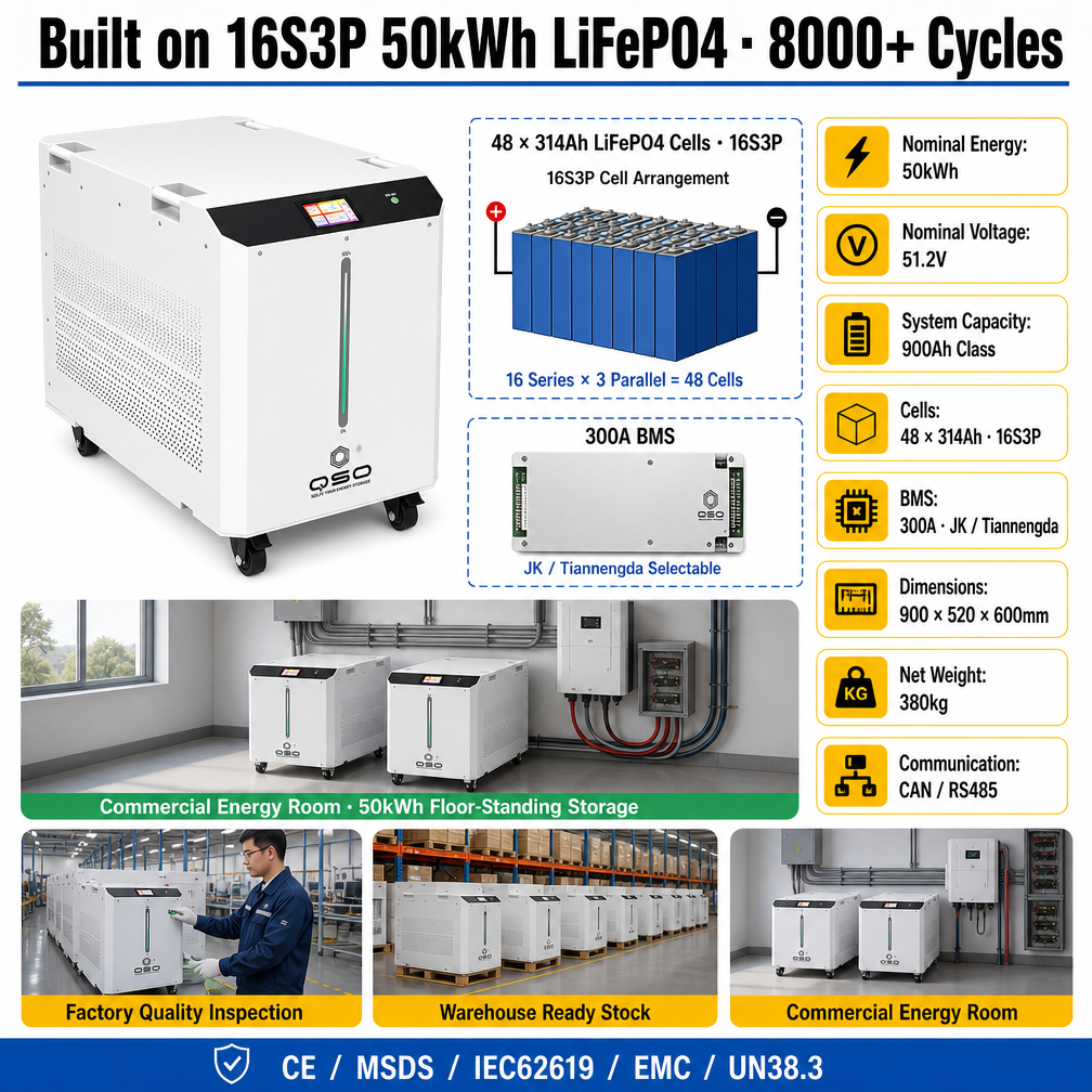 QSO 51.2V 900Ah 1000Ah Solar Speicher 50kWh Lithiumbatterie Au Lithium 100 50 kwh Kw 100KW 100KWH 50Kw 48V LiFePO4 Battery Pack - image 2