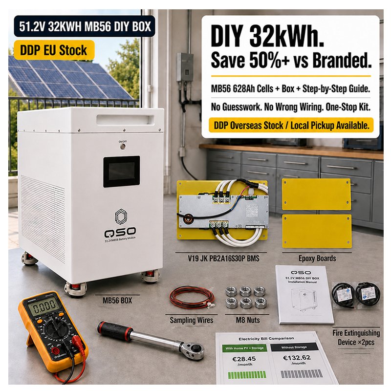QSO New 2027 Eu Stock 32Kwh 51.2V Mb56 Battery Box Caja Batteriebox 16S V19 Jk-pb2a16s30p 668Ah 628Ah 48V Lifepo4 Diy Kit Case